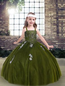Tulle Strapless Sleeveless Lace Up Appliques Little Girls Pageant Gowns in Olive Green