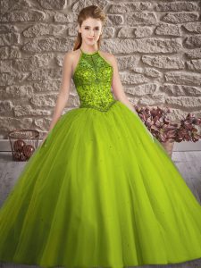 Olive Green Lace Up Halter Top Beading Quinceanera Dresses Tulle Sleeveless Brush Train