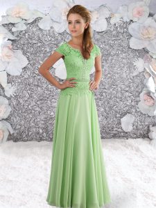 Super Empire Chiffon Scoop Short Sleeves Beading and Lace Floor Length Zipper Dress for Prom