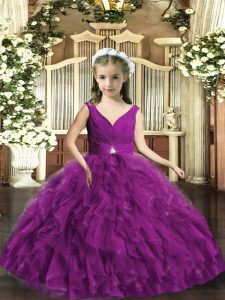 V-neck Sleeveless Little Girls Pageant Dress Wholesale Floor Length Beading and Ruffles Eggplant Purple Organza
