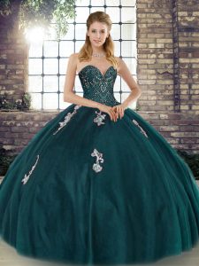 Eye-catching Peacock Green Sleeveless Tulle Lace Up Sweet 16 Dresses for Military Ball and Sweet 16 and Quinceanera