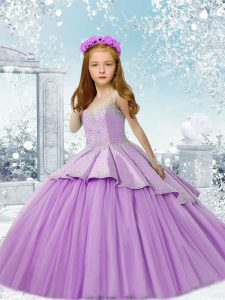 Lavender Ball Gowns Scoop Sleeveless Tulle Brush Train Lace Up Beading Little Girls Pageant Dress