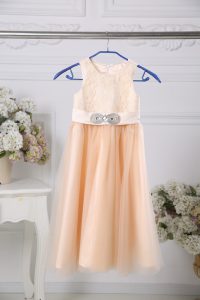 Dazzling Peach Empire Lace and Belt Toddler Flower Girl Dress Zipper Tulle Sleeveless Floor Length