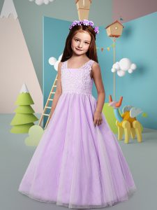 Straps Sleeveless Toddler Flower Girl Dress Floor Length Lace Lavender Tulle