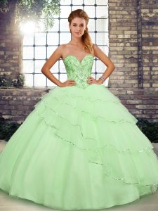 Fantastic Beading and Ruffled Layers Quinceanera Gown Yellow Green Lace Up Sleeveless Brush Train