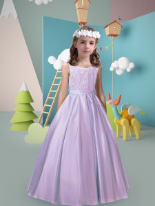 Eye-catching Lace and Bowknot Flower Girl Dresses Lavender Zipper Sleeveless Floor Length
