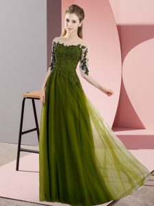 Olive Green Wedding Party Dress Wedding Party with Beading and Lace Bateau Half Sleeves Lace Up