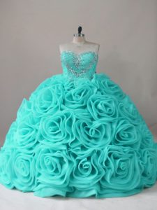 Admirable Aqua Blue Sleeveless Fabric With Rolling Flowers Lace Up 15 Quinceanera Dress for Sweet 16 and Quinceanera
