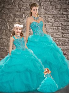 High Class Sweetheart Sleeveless Quinceanera Gowns Brush Train Beading and Pick Ups Aqua Blue Tulle