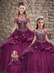 Dark Purple Organza Lace Up Quinceanera Dresses Sleeveless Floor Length Beading and Ruffles