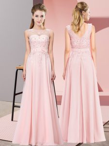 Baby Pink Empire Beading and Appliques Vestidos de Damas Zipper Chiffon Sleeveless Floor Length