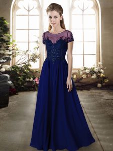 Short Sleeves Floor Length Beading and Appliques Zipper Wedding Guest Dresses with Blue