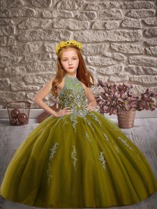 Best Sweep Train Ball Gowns Little Girls Pageant Gowns Olive Green Halter Top Tulle Sleeveless Lace Up