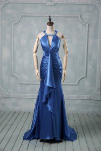 Most Popular Blue Prom Evening Gown Elastic Woven Satin Brush Train Sleeveless Beading and Ruching