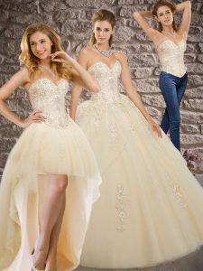 Appliques Quinceanera Dress Champagne Lace Up Sleeveless Brush Train