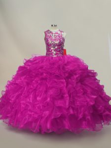 Exquisite Scoop Sleeveless Organza Quinceanera Gown Ruffles and Sequins Lace Up