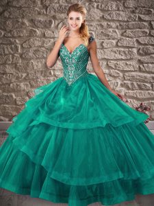 Best Turquoise 15th Birthday Dress Military Ball and Sweet 16 and Quinceanera with Beading and Ruffled Layers V-neck Sleeveless Brush Train Lace Up