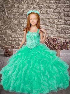 Affordable Sleeveless Organza and Lace Brush Train Lace Up Little Girls Pageant Dress in Turquoise with Beading and Ruffles
