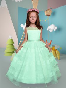 Apple Green Ball Gowns Organza Scoop Sleeveless Lace and Ruffled Layers Floor Length Zipper Flower Girl Dresses for Less