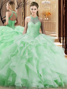 Sumptuous Apple Green Ball Gowns Organza Halter Top Sleeveless Beading and Ruffles Lace Up Quince Ball Gowns Brush Train