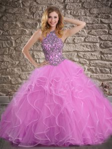 Customized Lilac Halter Top Lace Up Beading and Ruffles Vestidos de Quinceanera Brush Train Sleeveless
