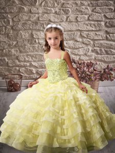 Sleeveless Beading and Ruffled Layers Lace Up Pageant Dress with Yellow Brush Train