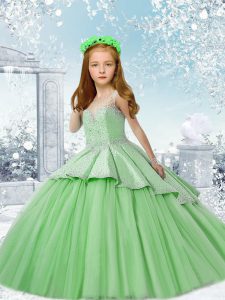 Lace Up Little Girl Pageant Dress Green for Wedding Party with Beading Brush Train