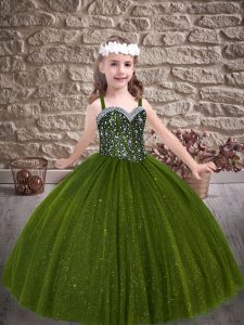Straps Sleeveless Little Girl Pageant Dress Sweep Train Beading Olive Green Tulle