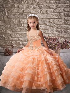 Orange Ball Gowns Straps Sleeveless Organza Brush Train Lace Up Beading and Ruffled Layers Little Girls Pageant Dress