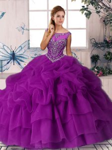 Scoop Sleeveless Organza Vestidos de Quinceanera Beading and Pick Ups Brush Train Zipper