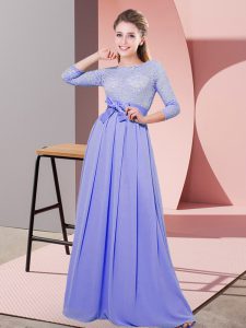 Flare Lace and Belt Bridesmaid Gown Lavender Side Zipper 3 4 Length Sleeve Floor Length