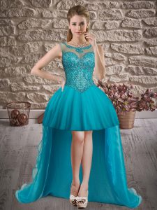 High Low Lace Up Prom Evening Gown Teal for Prom and Party with Beading