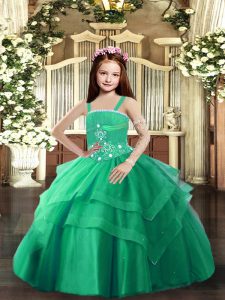 Tulle Sleeveless Floor Length Pageant Gowns For Girls and Beading and Ruffled Layers