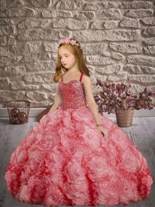 Adorable Watermelon Red Pageant Dresses Fabric With Rolling Flowers Sweep Train Sleeveless Beading