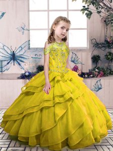 Olive Green High-neck Side Zipper Beading and Ruffled Layers Pageant Dress Wholesale Sleeveless