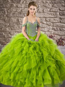 Olive Green Ball Gowns Off The Shoulder Sleeveless Tulle Floor Length Lace Up Beading and Ruffles 15th Birthday Dress