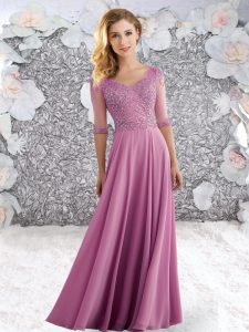 Fantastic Rose Pink V-neck Zipper Beading Half Sleeves
