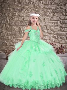 Beautiful Floor Length Apple Green Pageant Gowns For Girls Tulle Sleeveless Beading and Appliques