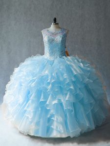 Ball Gowns Sweet 16 Quinceanera Dress Blue Scoop Organza Sleeveless Floor Length Lace Up