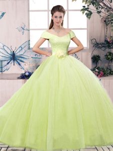 Glorious Off The Shoulder Short Sleeves Tulle Sweet 16 Quinceanera Dress Lace and Hand Made Flower Lace Up