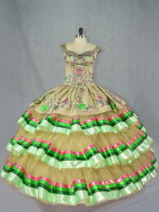 Glittering Olive Green Straps Lace Up Embroidery and Ruffled Layers 15th Birthday Dress Sleeveless