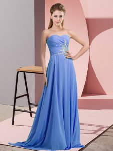 Blue Sleeveless Beading and Ruching Floor Length Evening Wear