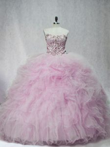 Sweetheart Sleeveless Tulle Vestidos de Quinceanera Beading and Ruffles Brush Train Lace Up
