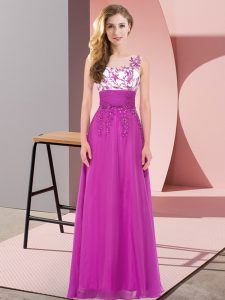 Unique Fuchsia Sleeveless Floor Length Appliques Backless Quinceanera Court Dresses