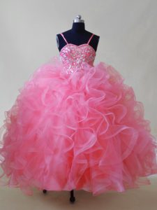 Customized Tulle Spaghetti Straps Sleeveless Lace Up Beading and Ruffles Child Pageant Dress in Pink
