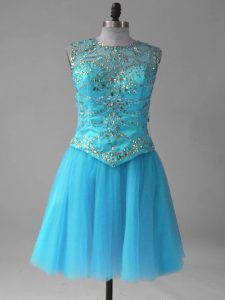 Popular Tulle Scoop Sleeveless Lace Up Beading and Sequins Prom Party Dress in Aqua Blue