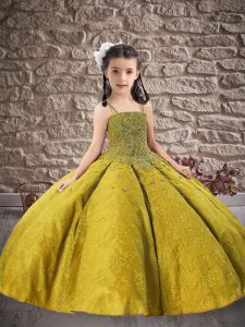 Olive Green Kids Formal Wear Wedding Party with Beading and Embroidery Spaghetti Straps Sleeveless Lace Up