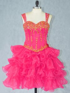Hot Pink Ball Gowns Organza Halter Top Sleeveless Beading and Ruffled Layers Mini Length Lace Up Dress for Prom
