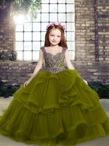 Straps Sleeveless Pageant Gowns For Girls Floor Length Beading and Ruffles Olive Green Organza