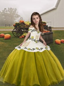 Olive Green Ball Gowns Embroidery Kids Pageant Dress Lace Up Organza Sleeveless Floor Length